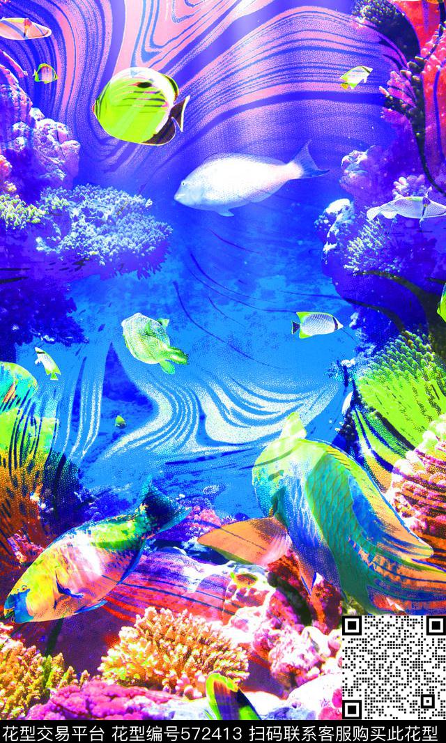 潮流时尚珊瑚绚丽彩色海底世界鱼珊瑚海贝数码印花华亿平台下载（图片编号: 572413） - 瓦栏（Walan）