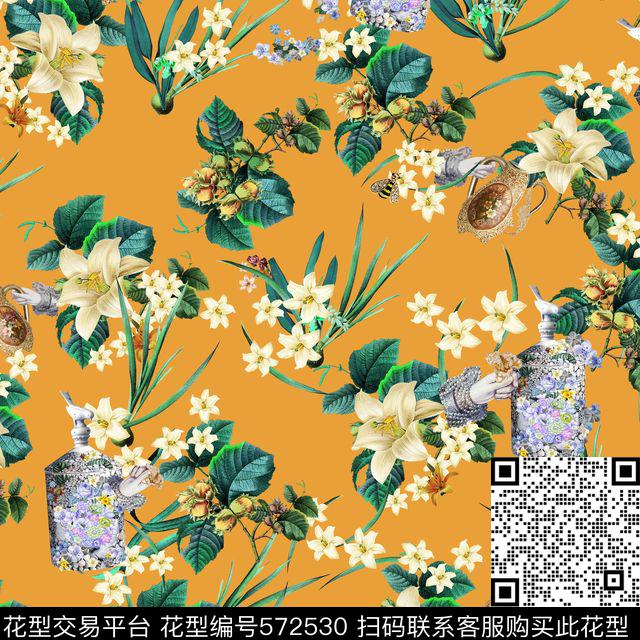 复古花卉花瓶数码印花华亿平台下载（图片编号: 572530） - 瓦栏（Walan）