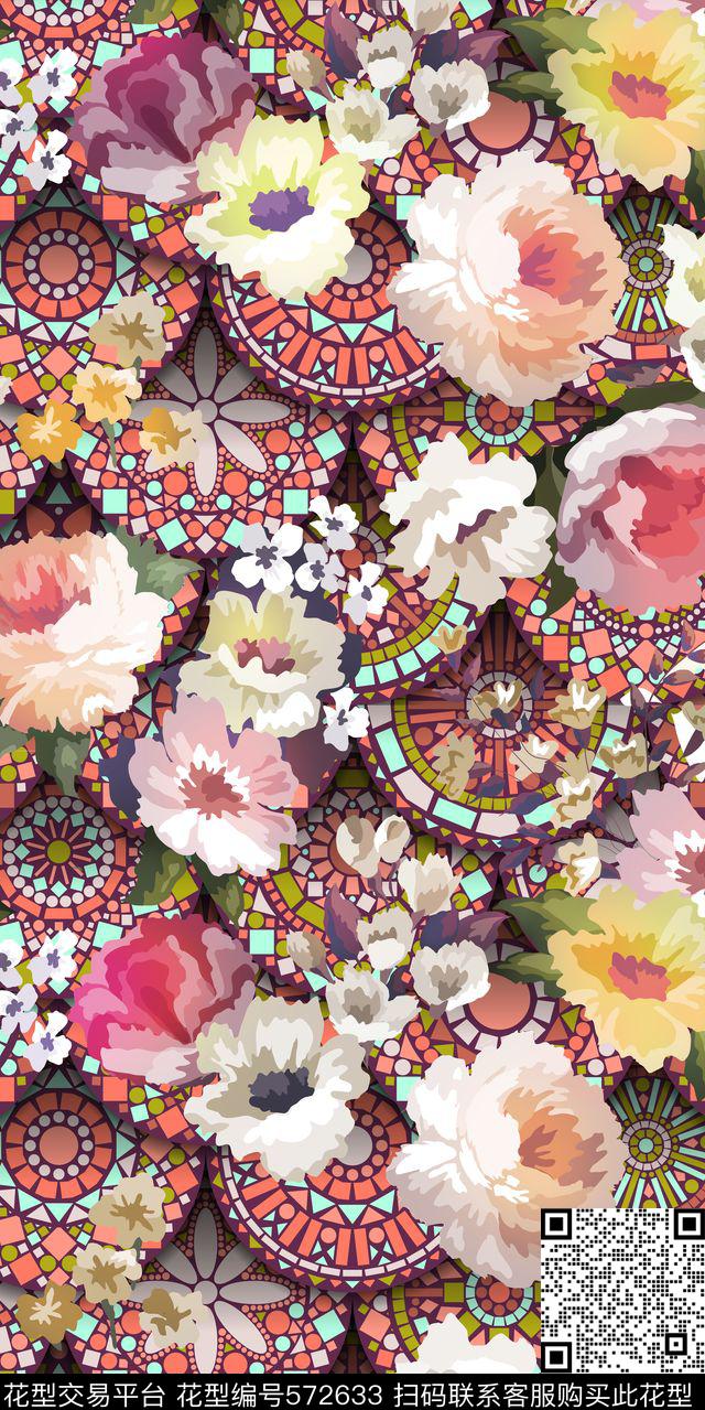 花卉几何大么伦数码印花华亿平台下载（图片编号: 572633） - 瓦栏（Walan）