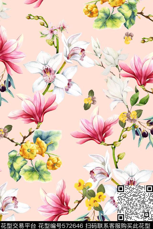 手绘花卉女装数码印花华亿平台下载（图片编号: 572646） - 瓦栏（Walan）