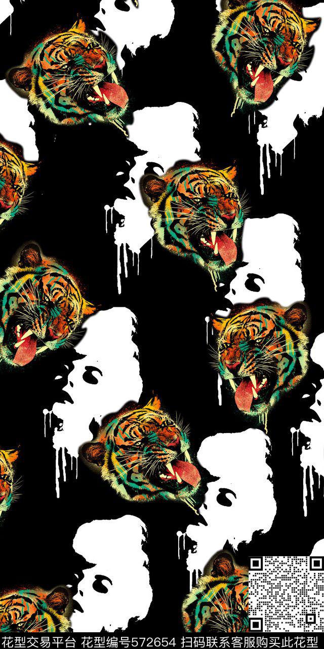 时尚数码绚丽老虎头黑白人头数码印花华亿平台下载（图片编号: 572654） - 瓦栏（Walan）