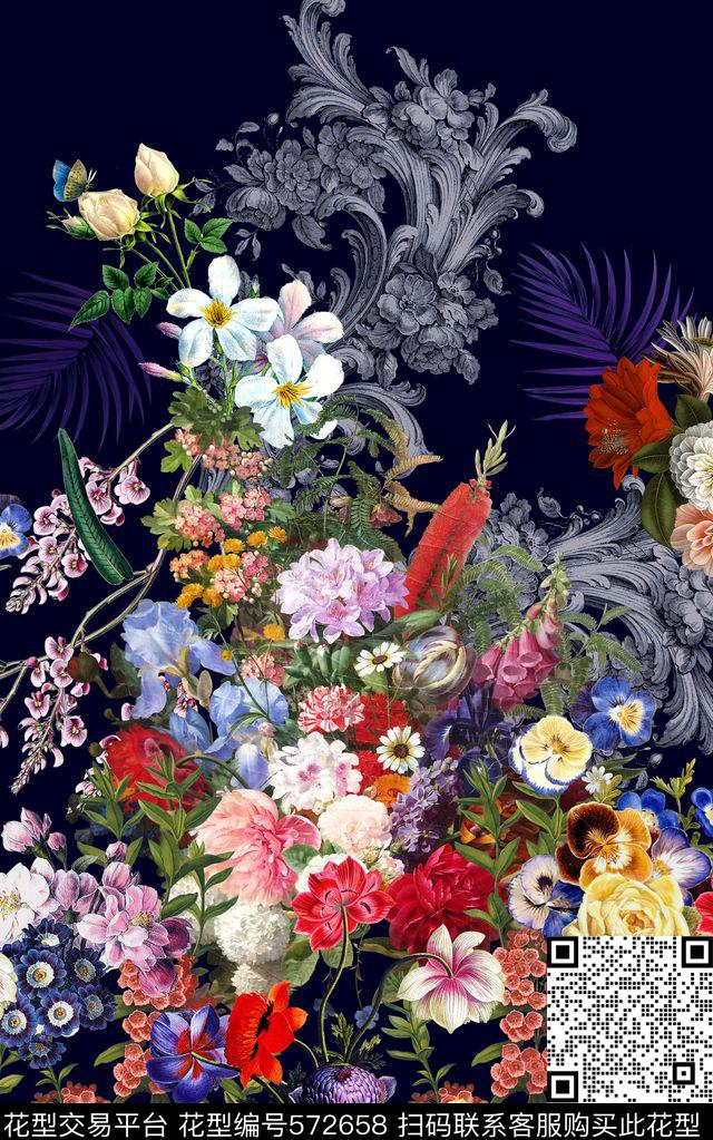 时尚手绘花卉数码印花华亿平台下载（图片编号: 572658） - 瓦栏（Walan）