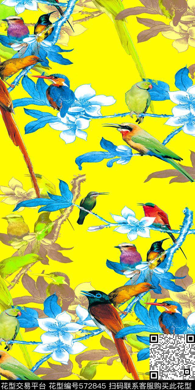 时尚花卉鸟儿数码印花华亿平台下载（图片编号: 572845） - 瓦栏（Walan）