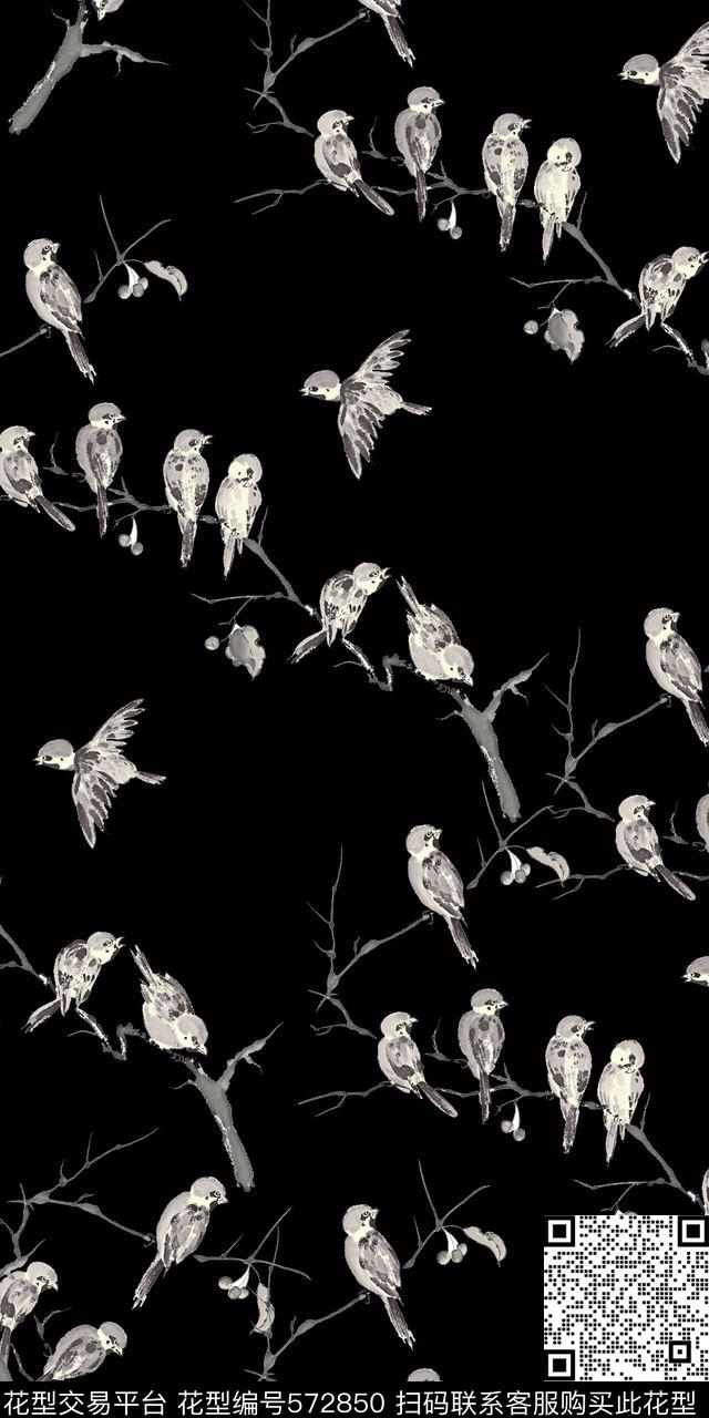 鸟儿水墨枝条传统印花华亿平台下载（图片编号: 572850） - 瓦栏（Walan）