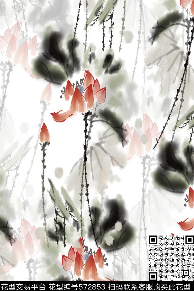 水墨荷花中国风数码印花华亿平台下载（图片编号: 572853） - 瓦栏（Walan）