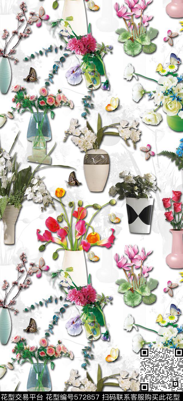潮流时尚花卉时尚潮流鲜花花瓶蝴蝶数码印花华亿平台下载（图片编号: 572857） - 瓦栏（Walan）