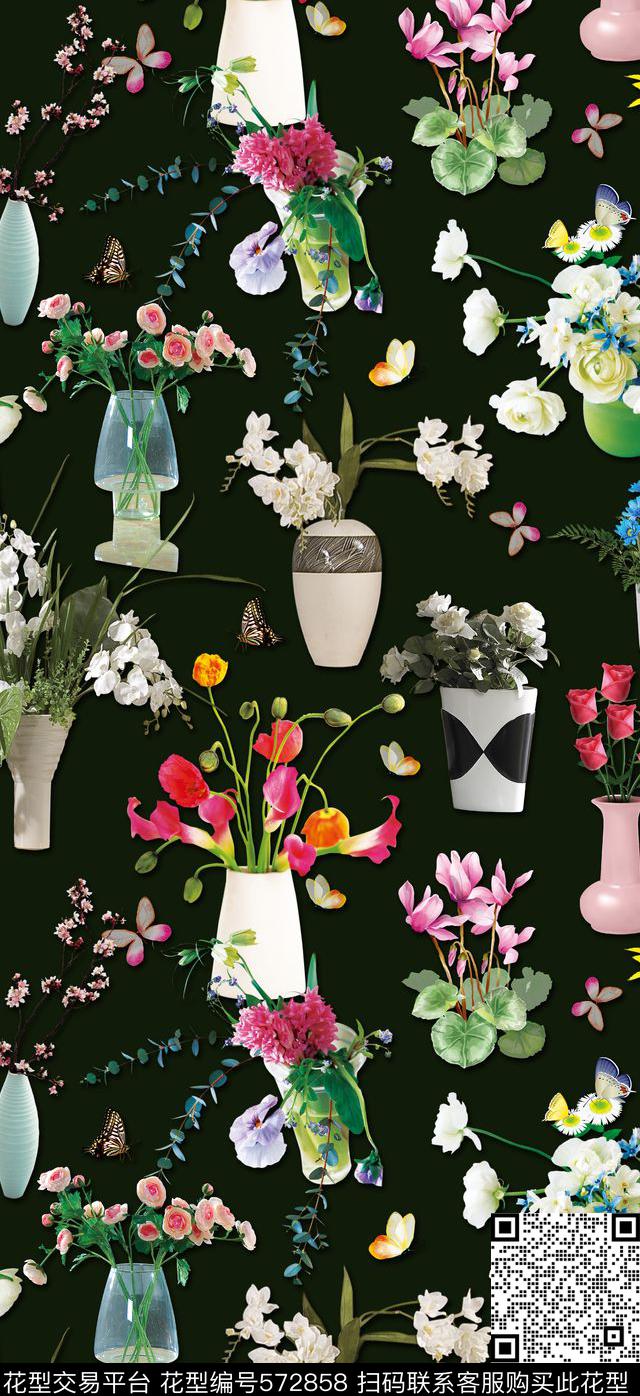 潮流时尚花卉时尚潮流鲜花花瓶蝴蝶数码印花华亿平台下载（图片编号: 572858） - 瓦栏（Walan）