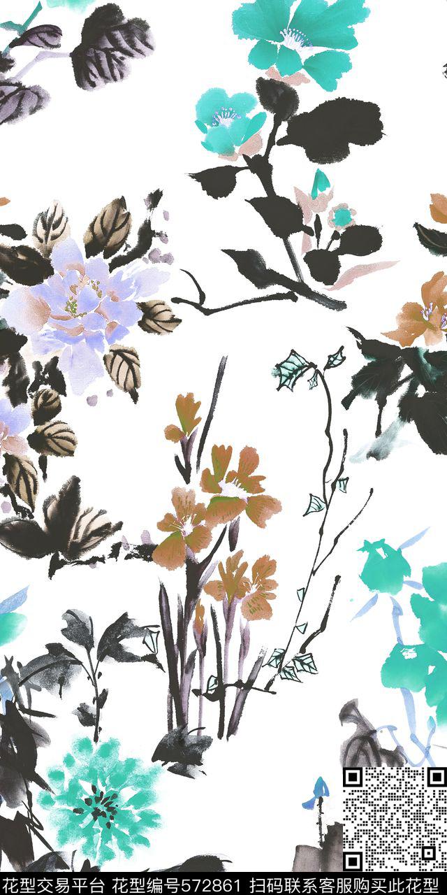 时尚水墨牡丹数码印花华亿平台下载（图片编号: 572861） - 瓦栏（Walan）