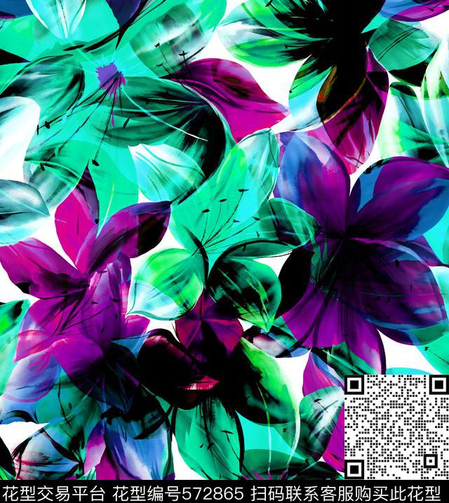 时尚手绘花卉数码印花华亿平台下载（图片编号: 572865） - 瓦栏（Walan）