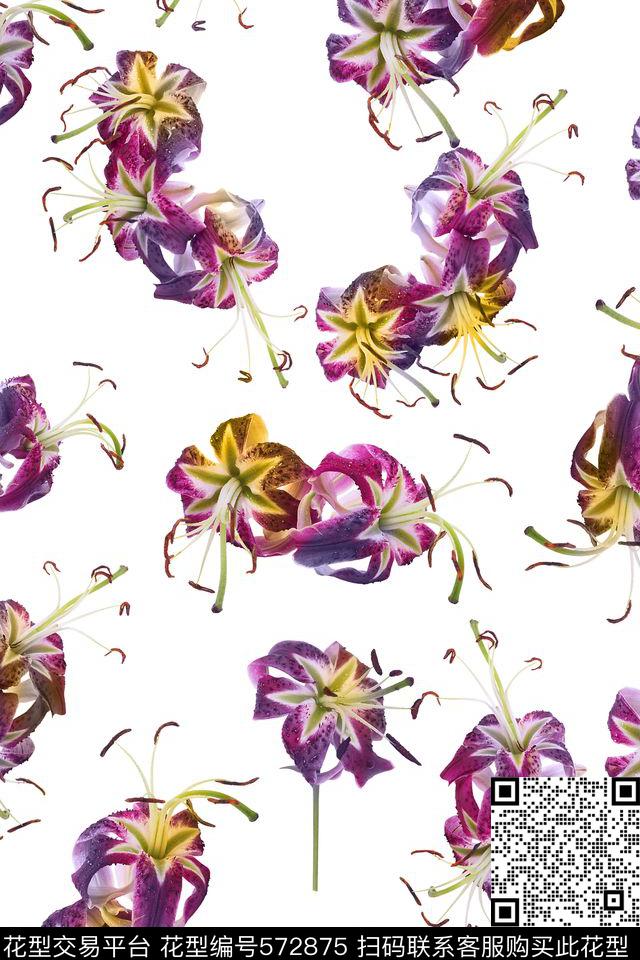 纯色底花卉百合数码印花华亿平台下载（图片编号: 572875） - 瓦栏（Walan）