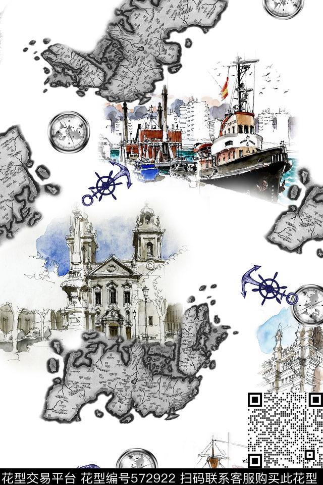 休闲风欧式建筑地图复古绘画数码印花华亿平台下载（图片编号: 572922） - 瓦栏（Walan）