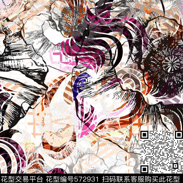花卉几何四方连续数码印花华亿平台下载（图片编号: 572931） - 瓦栏（Walan）