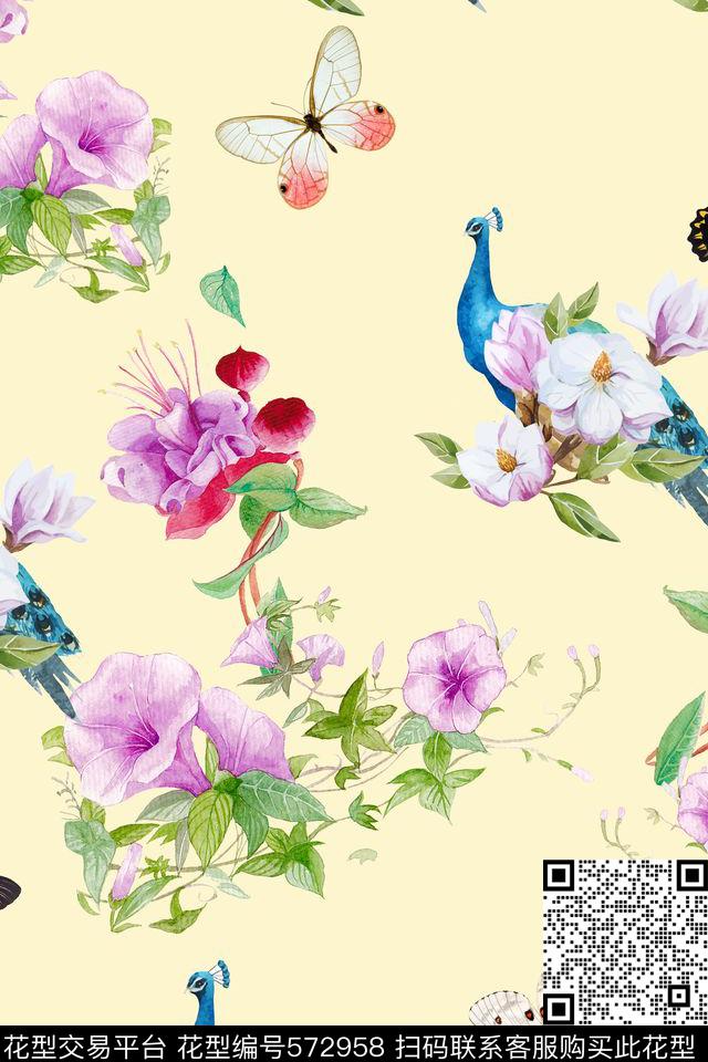 休闲清新花卉蝴蝶孔雀裙装数码印花华亿平台下载（图片编号: 572958） - 瓦栏（Walan）
