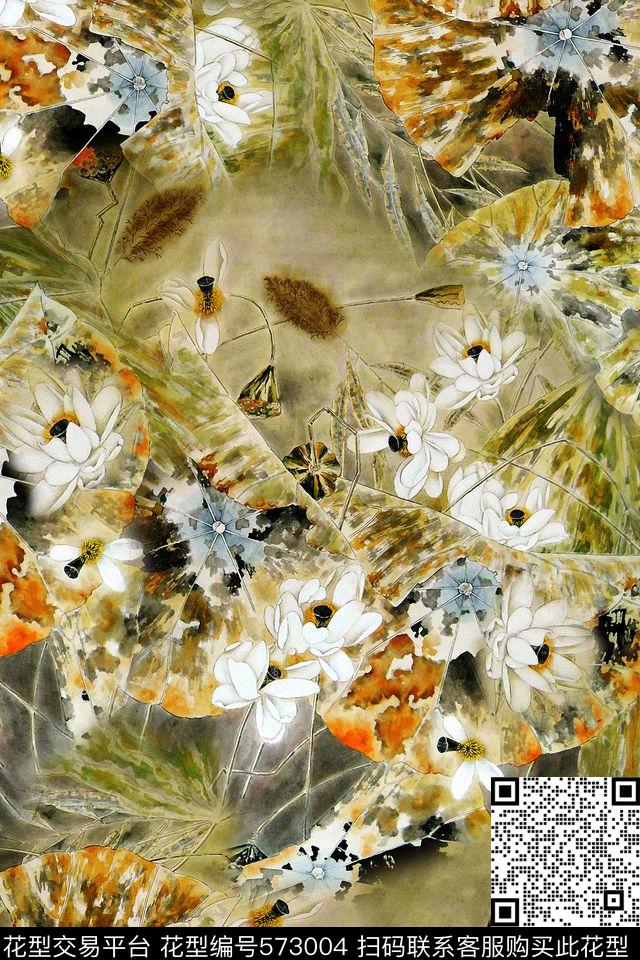 中国风工笔国画荷花旗袍华亿平台数码印花华亿平台下载（图片编号: 573004） - 瓦栏（Walan）