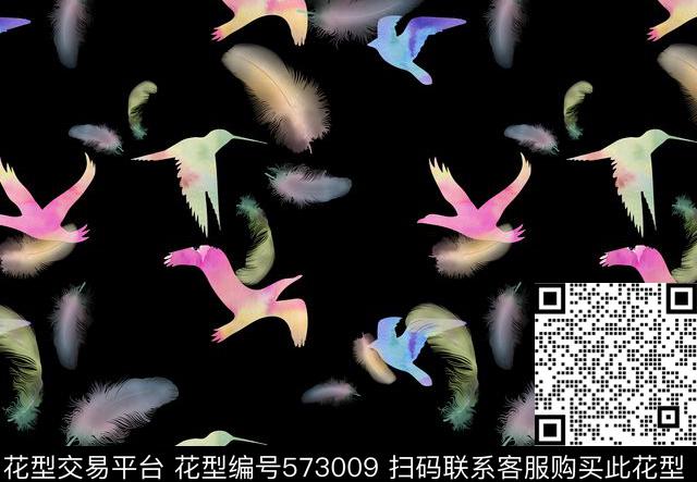 清新简约浪漫水彩飞鸟水墨羽毛数码印花华亿平台下载（图片编号: 573009） - 瓦栏（Walan）