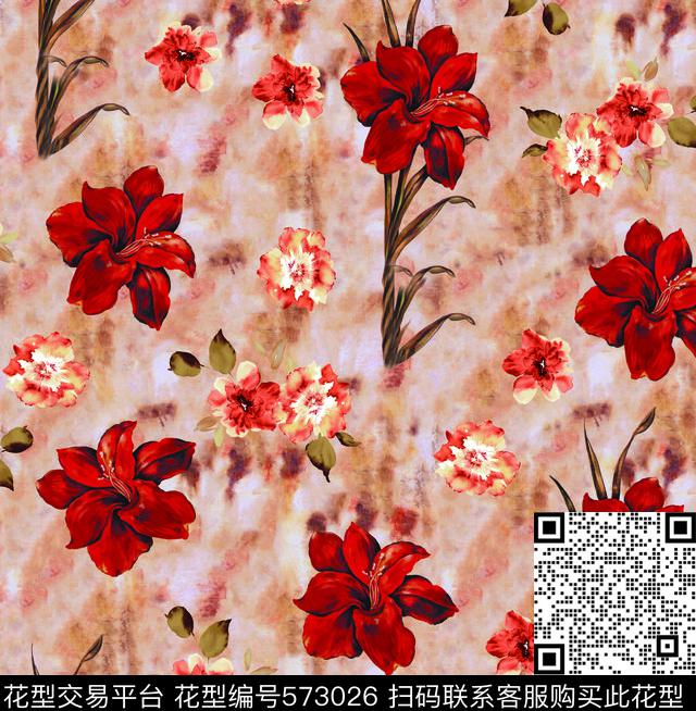 欧美花卉大红花数码印花华亿平台下载（图片编号: 573026） - 瓦栏（Walan）