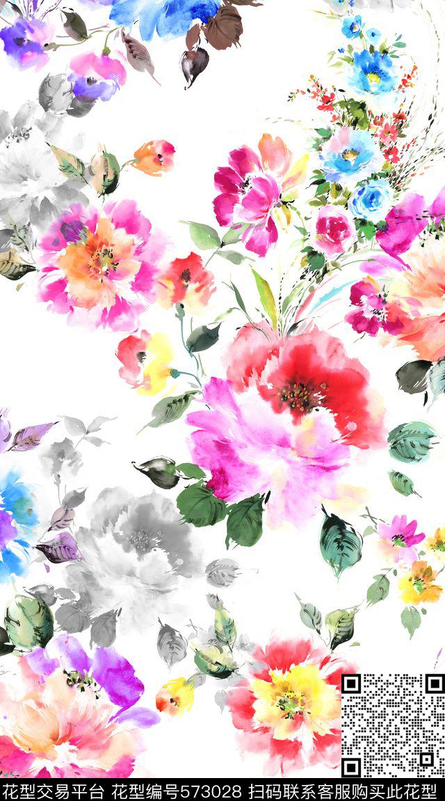 白底花卉满版手绘数码印花华亿平台下载（图片编号: 573028） - 瓦栏（Walan）