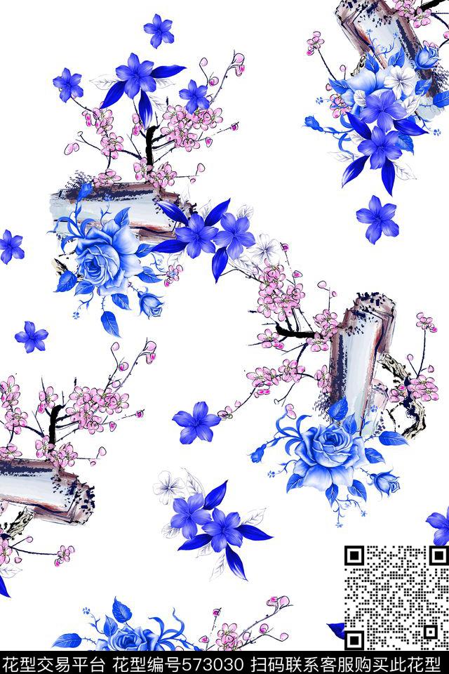 休闲风梅花青花花卉数码印花华亿平台下载（图片编号: 573030） - 瓦栏（Walan）