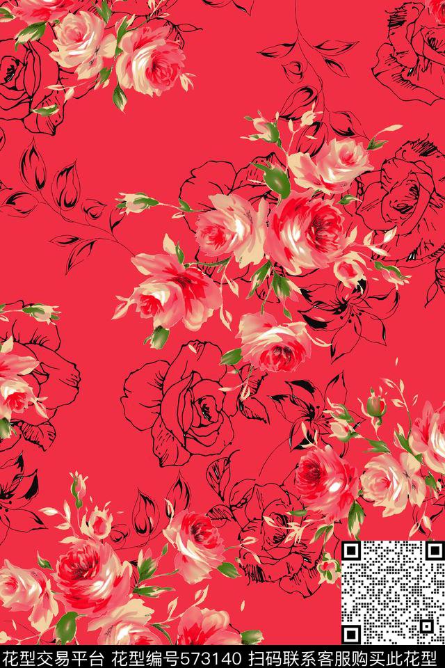 水彩花卉线描休闲传统印花华亿平台下载（图片编号: 573140） - 瓦栏（Walan）