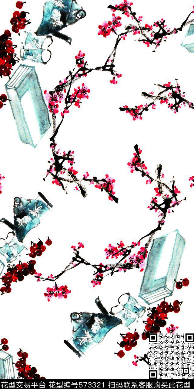 大气白底手绘水墨中国风数码印花华亿平台下载（图片编号: 573321） - 瓦栏（Walan）