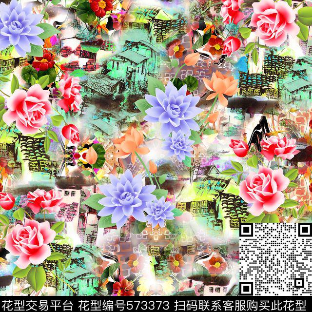 创意抽象花抽象拼接数码印花华亿平台下载（图片编号: 573373） - 瓦栏（Walan）