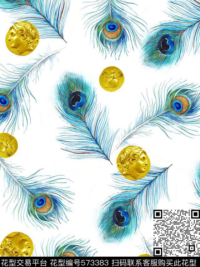 时尚潮流大牌孔雀羽毛数码印花华亿平台下载（图片编号: 573383） - 瓦栏（Walan）