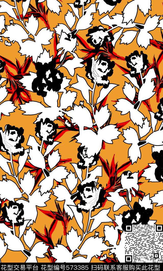 手绘风格花卉纯色底传统印花华亿平台下载（图片编号: 573385） - 瓦栏（Walan）