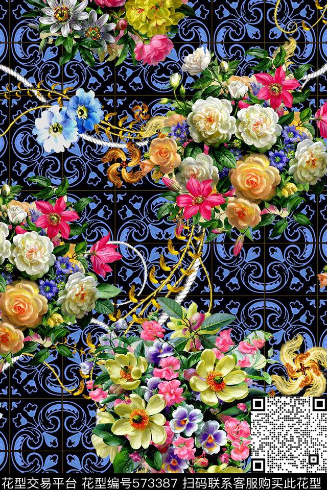 时尚手绘花卉数码印花华亿平台下载（图片编号: 573387） - 瓦栏（Walan）