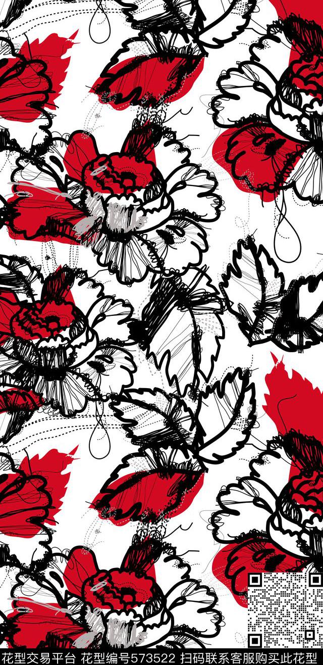 手绘女装红花黑线条定位女装流行时尚花卉传统印花华亿平台下载（图片编号: 573522） - 瓦栏（Walan）