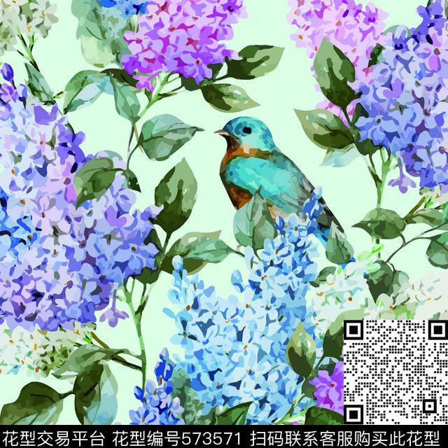 花卉小鸟水粉数码印花华亿平台下载（图片编号: 573571） - 瓦栏（Walan）