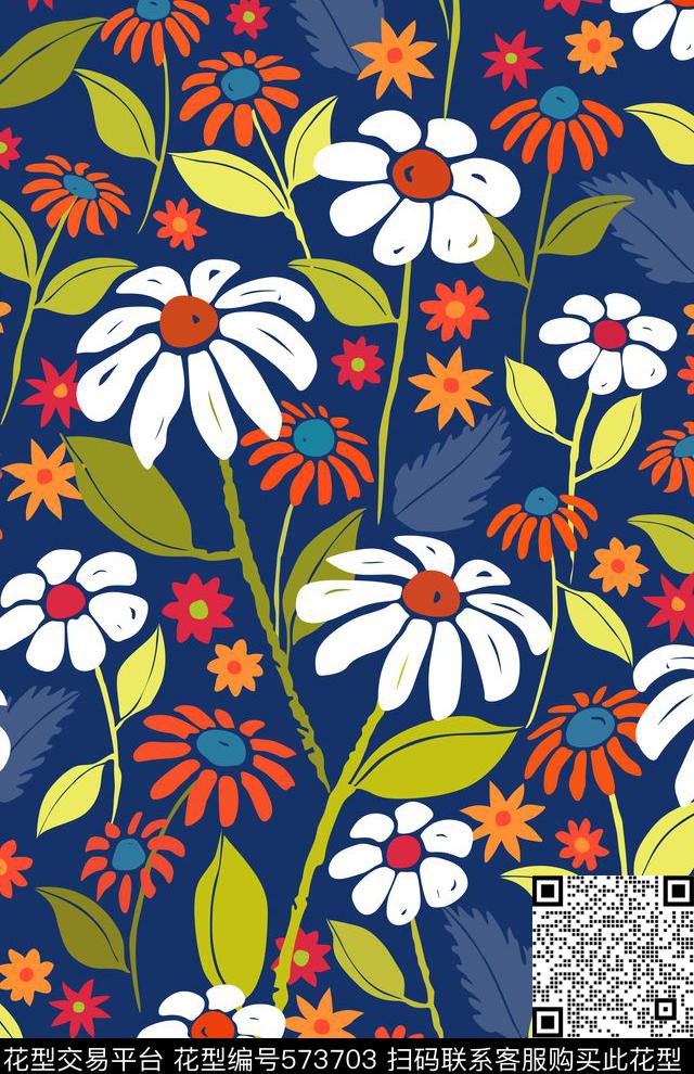 原创手绘蓝底太阳花传统印花华亿平台下载（图片编号: 573703） - 瓦栏（Walan）
