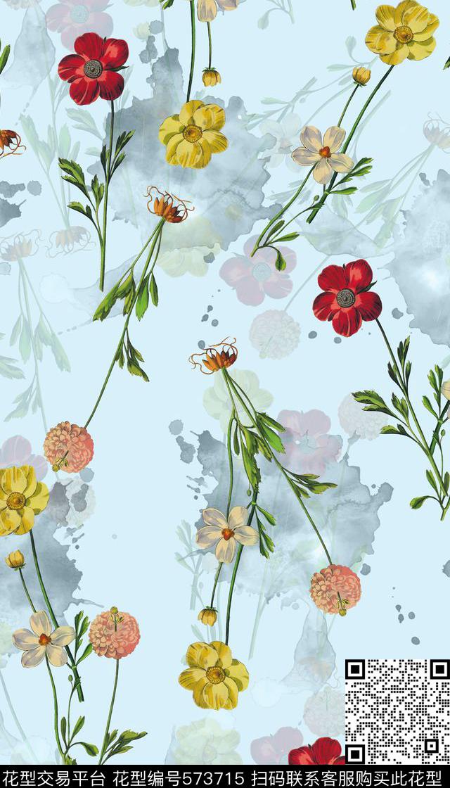 花卉清新手绘花卉数码印花华亿平台下载（图片编号: 573715） - 瓦栏（Walan）