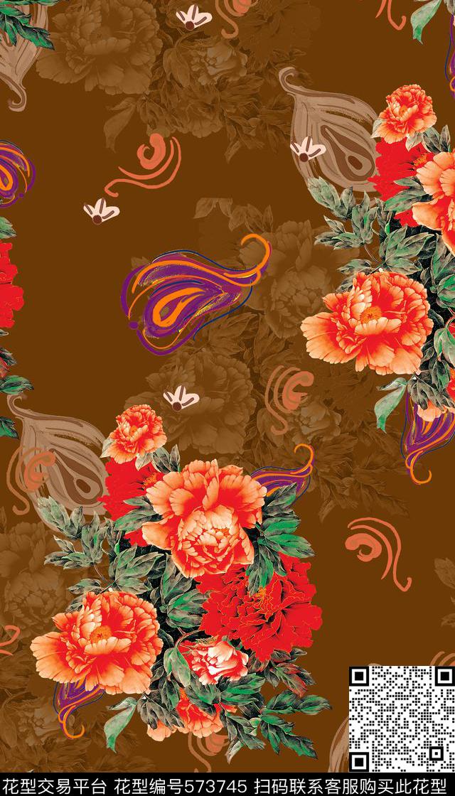 复古时尚牡丹数码印花华亿平台下载（图片编号: 573745） - 瓦栏（Walan）