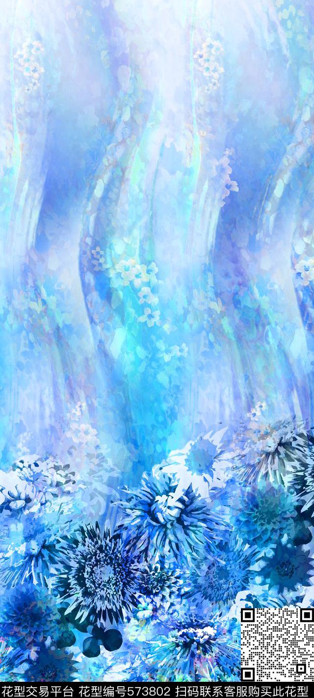 抽象花卉蓝色水彩花卉旗袍裙装华亿平台图案数码印花华亿平台下载（图片编号: 573802） - 瓦栏（Walan）