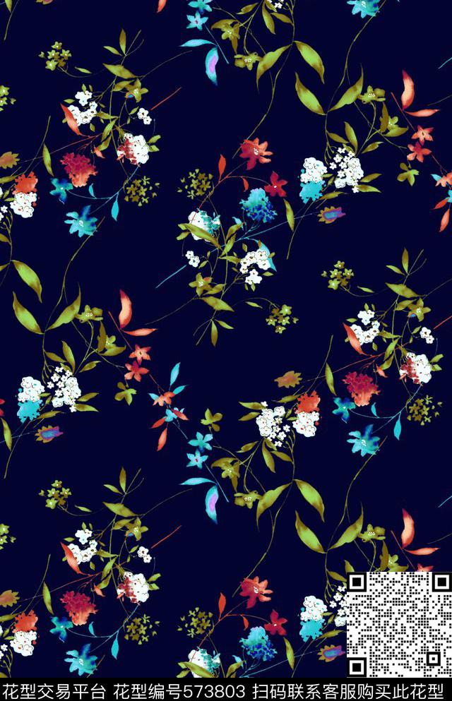 小清新休闲清新手绘水彩花枝数码印花华亿平台下载（图片编号: 573803） - 瓦栏（Walan）