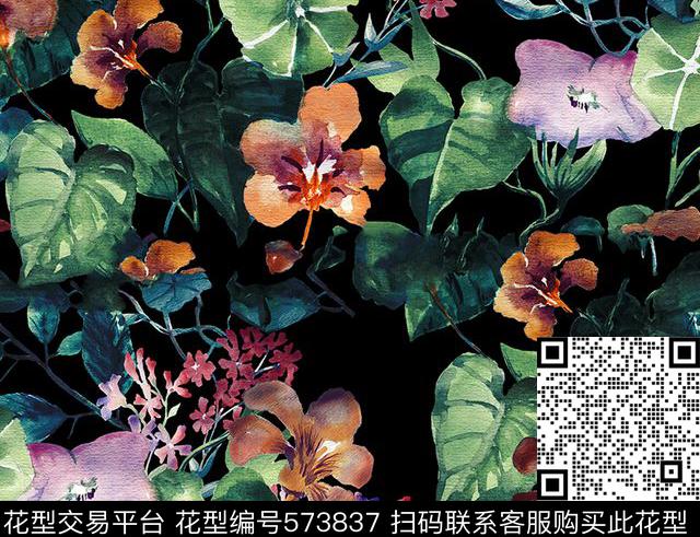 时尚阔叶植物数码印花华亿平台下载（图片编号: 573837） - 瓦栏（Walan）