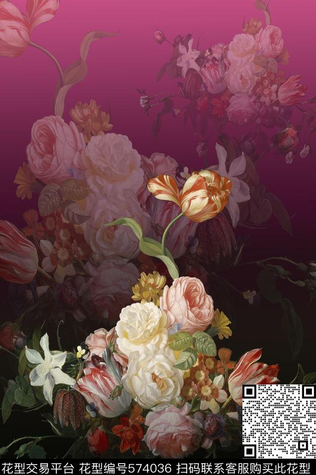 花卉组合时尚油画渐变数码印花华亿平台下载（图片编号: 574036） - 瓦栏（Walan）