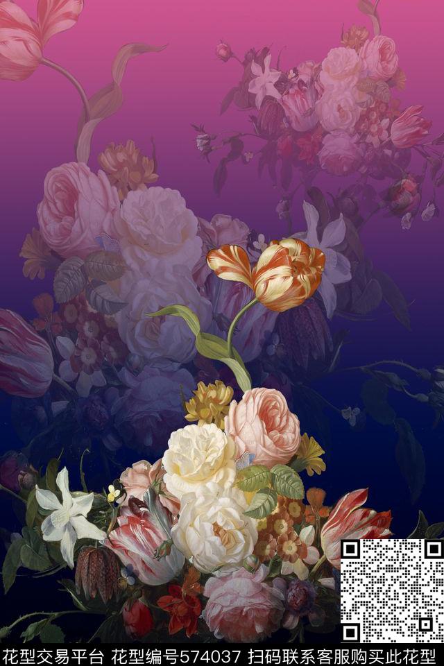 时尚油画花卉旗袍定位数码印花华亿平台下载（图片编号: 574037） - 瓦栏（Walan）