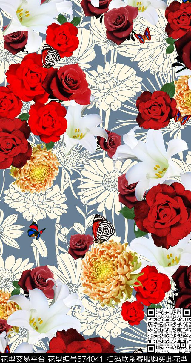 复古花卉手绘数码印花华亿平台下载（图片编号: 574041） - 瓦栏（Walan）
