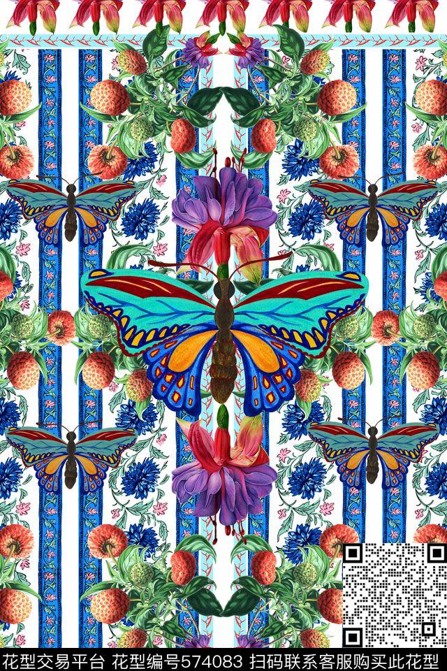 田园风条纹水果花卉蝴蝶欧美流行时尚数码印花华亿平台下载（图片编号: 574083） - 瓦栏（Walan）