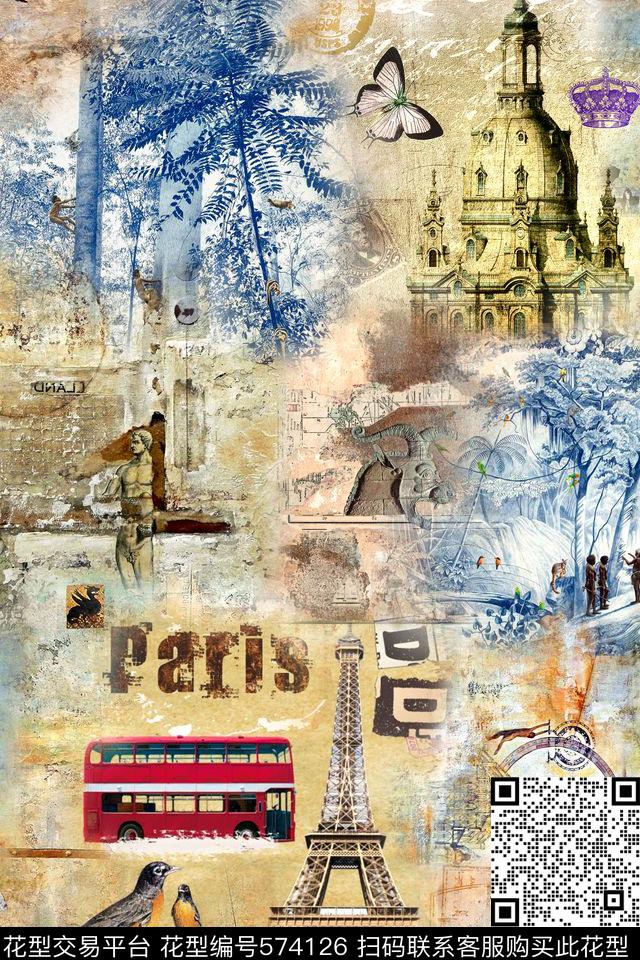 时尚建筑巴士数码印花华亿平台下载（图片编号: 574126） - 瓦栏（Walan）