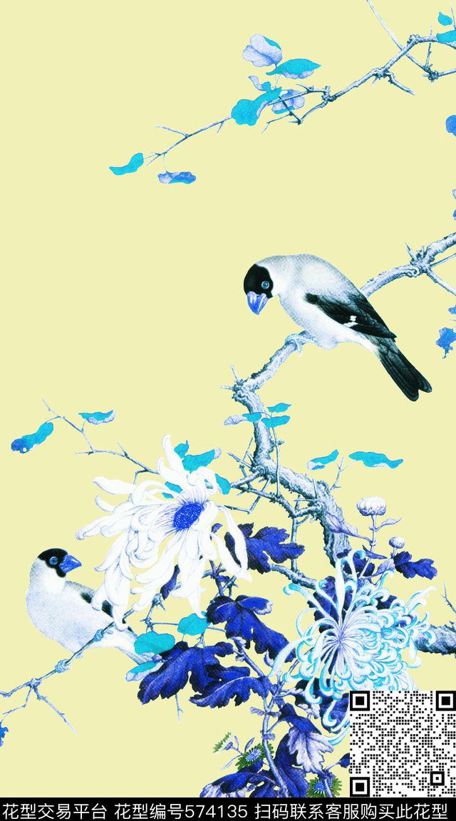 时尚中国风花鸟工笔画数码印花服装数码印花华亿平台下载（图片编号: 574135） - 瓦栏（Walan）