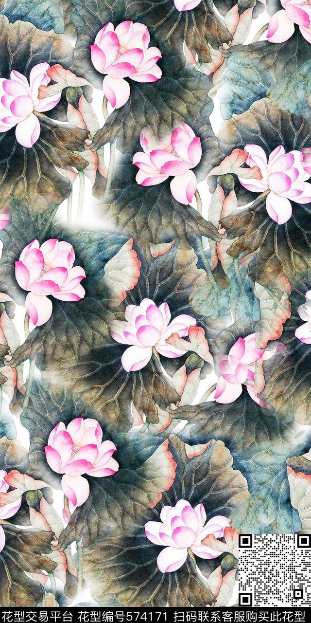 春夏荷花水墨数码印花华亿平台下载（图片编号: 574171） - 瓦栏（Walan）