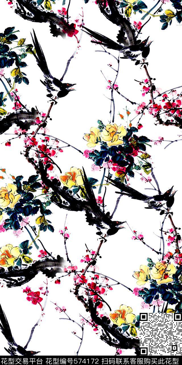 春夏工笔画桃花数码印花华亿平台下载（图片编号: 574172） - 瓦栏（Walan）