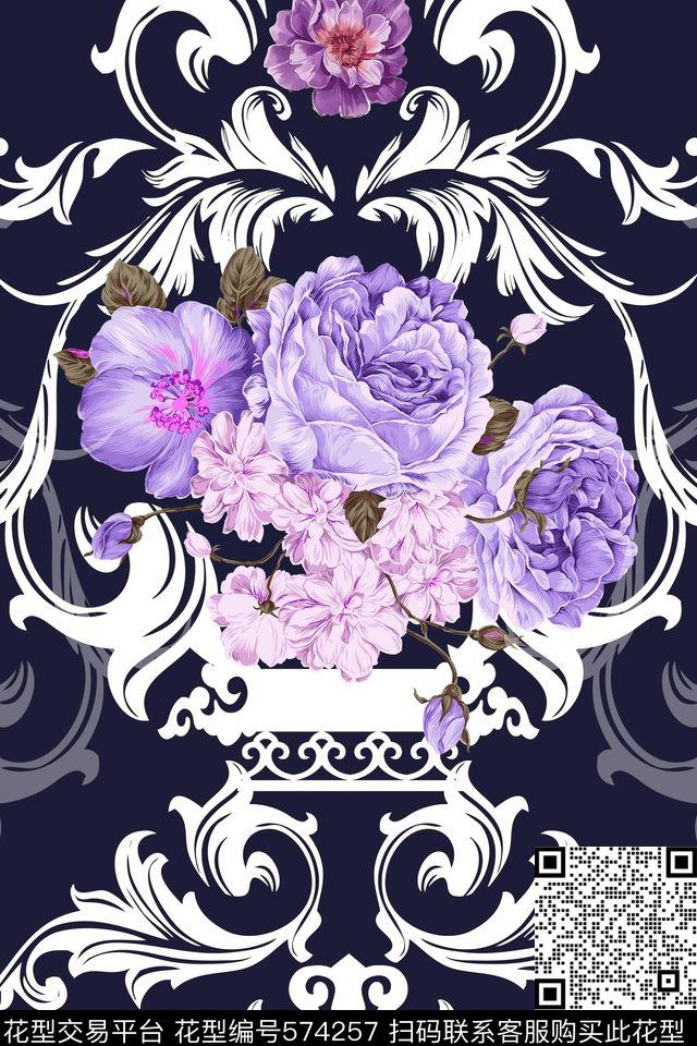 牡丹原创时尚卷草纹样传统印花华亿平台下载（图片编号: 574257） - 瓦栏（Walan）