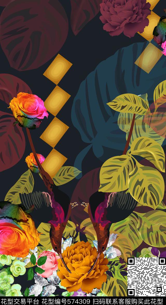 2016秋冬大牌定位花卉鸟叶子数码印花华亿平台下载（图片编号: 574309） - 瓦栏（Walan）