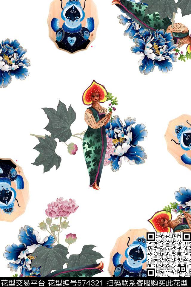 现代中国风牡丹花卉民族图案数码印花华亿平台下载（图片编号: 574321） - 瓦栏（Walan）