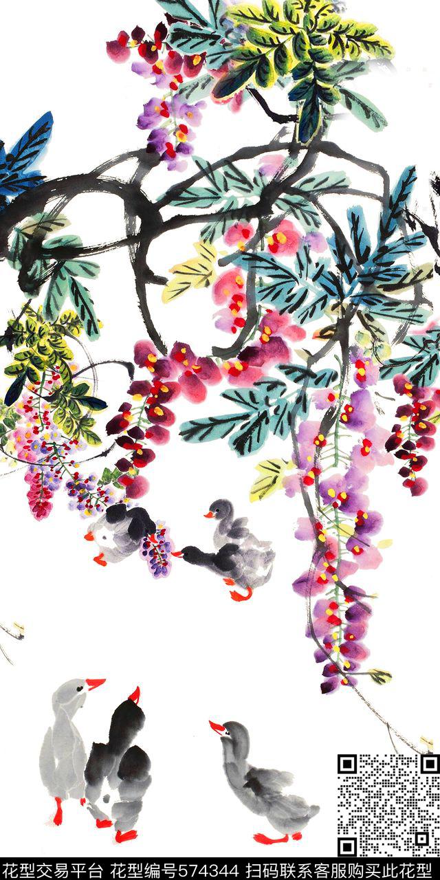 手绘大牌定位水彩水墨中国风花卉鸭子家禽鸟女装旗袍礼服连衣裙打底衫I【花卉】数码印花华亿平台下载（图片编号: 574344） - 瓦栏（Walan）