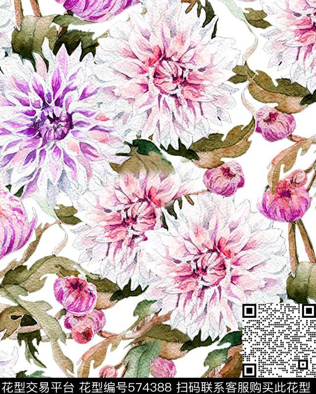 花卉手绘水彩数码印花华亿平台下载（图片编号: 574388） - 瓦栏（Walan）