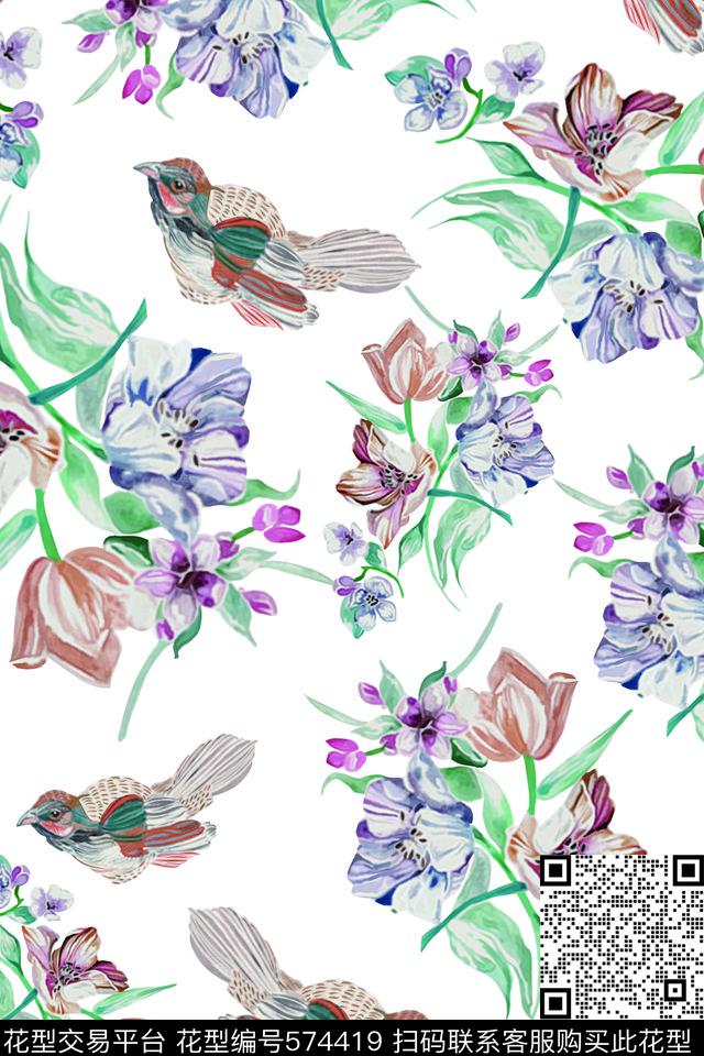 纯色底花卉手绘数码印花华亿平台下载（图片编号: 574419） - 瓦栏（Walan）